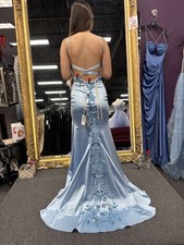 Faviana Light Blue Satin Prom Dress, Floral Embroidery, Open Back, Leg Slit