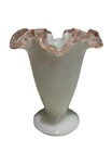 Fenton Art Glass Crimped Pink Crest 4.25" Footed Vase Milk White