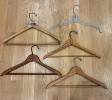Lot of 5 Vintage Clothes Hangers Hotel / Advertising Wood Plastic USA