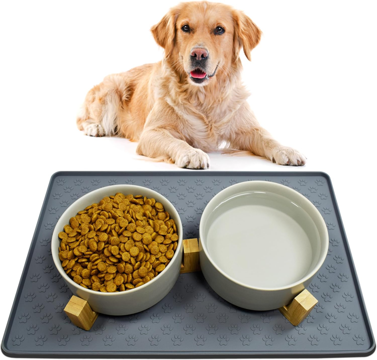 Doppia Ciotola Cani Ceramica con Supporto Bambù | Set Rialzato Elegante