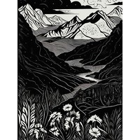 Wildblumen Im FrüHling Berglandschaft Linolschnitt GroßEr Leinwanddruck 46X61 Cm