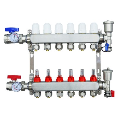 6 Branch PEX Radiant Floor Heating Manifold Set Flow Water Separator Kit G 1/2''