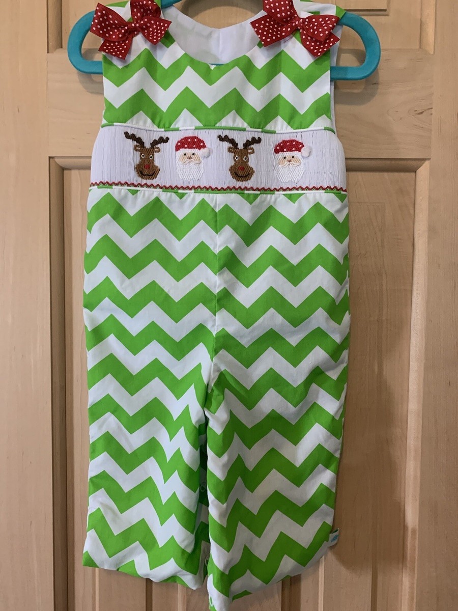 Lolly Wolly Doodle Size 9M Baby Girls Smocked Christmas Santa One piece  Romper