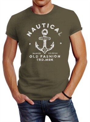 Neverless  Herren T-Shirt Anker Motiv Schriftzug Nautical Old Fashion Retro
