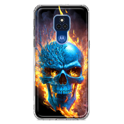 For Motorola Moto G Play 2021 Shockproof Hybrid Case, Blue Flaming Fire Skull