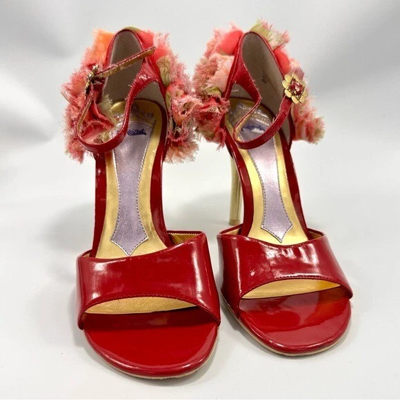 Hale Bob patent red leather floral rosette heels size 8 - Image 2 of 4