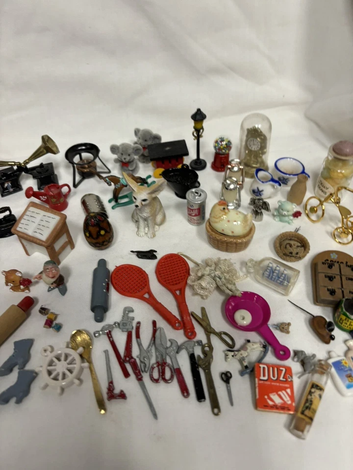 91 Pc Miniature Doll House Items Hand Tools Animals Groceries Coal Bucket Iron - Image 4 of 4