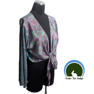 Big Bull by CAM Multi Paisley Tie Wrap Silk Blend Flare Sleeve Top OS Boho A1
