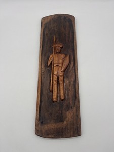 Vintage Hand Carved Wooden Plaque Warrior Figure Wall Decor Rustic Art
