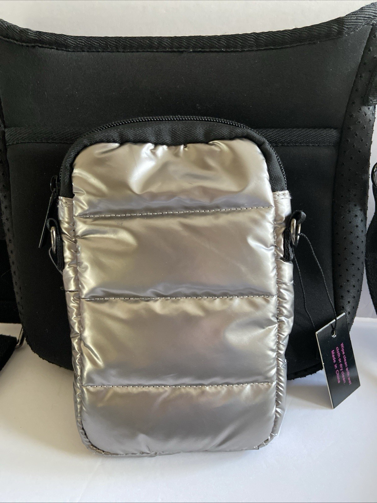 Haute Shore Crossbody Bags 1 Black Neoprene & 1 Champagne Puffer Cell Phone Bag