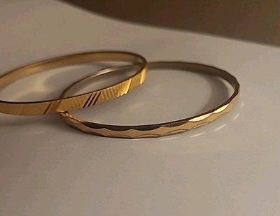 Vintage Monet Bangle Bracelets Etched Textured  Gold Tone Signed 2 Pc 