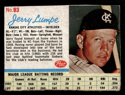 Jerry Lumpe 1962 Post Cereal #93 Set-Break  HOF Kansas City A's