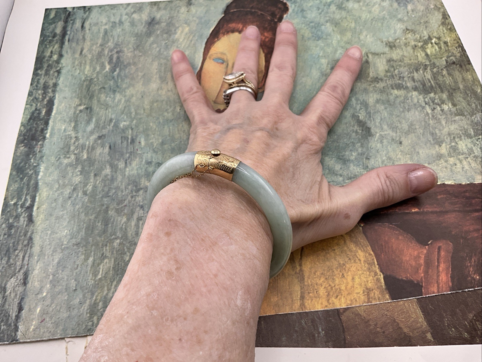 14K Imperial Translucent Jade Bangle Bracelet wit… - image 9