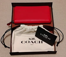 NWT Authentic Coach Red Solid Leather Zipper Wallet with Gift Box and Receipt