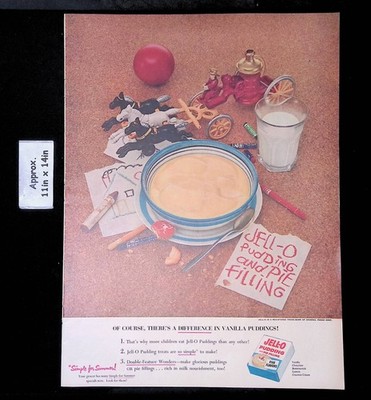 1953 JELL-O VANILLA PUDDING Bowl, A Glass Of Milk, Toys & Crayons Print Ad 55103