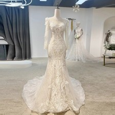Luxury Long Sleeve Tulle Wedding Dress Mermaid Court Train O-Neck Bride Gowns
