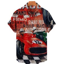 Men's vintage racing print Hawaiian summer short sleeve shirt