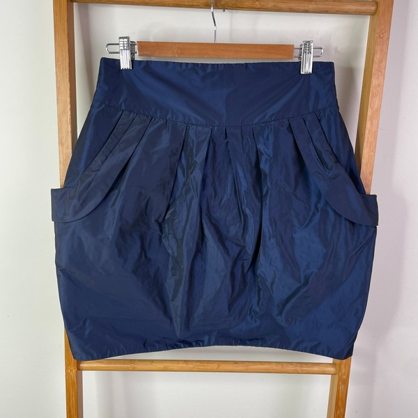 Cue Skirt Womens 10 Blue Bubble Satin Pockets Structured Pleated Front Mini
