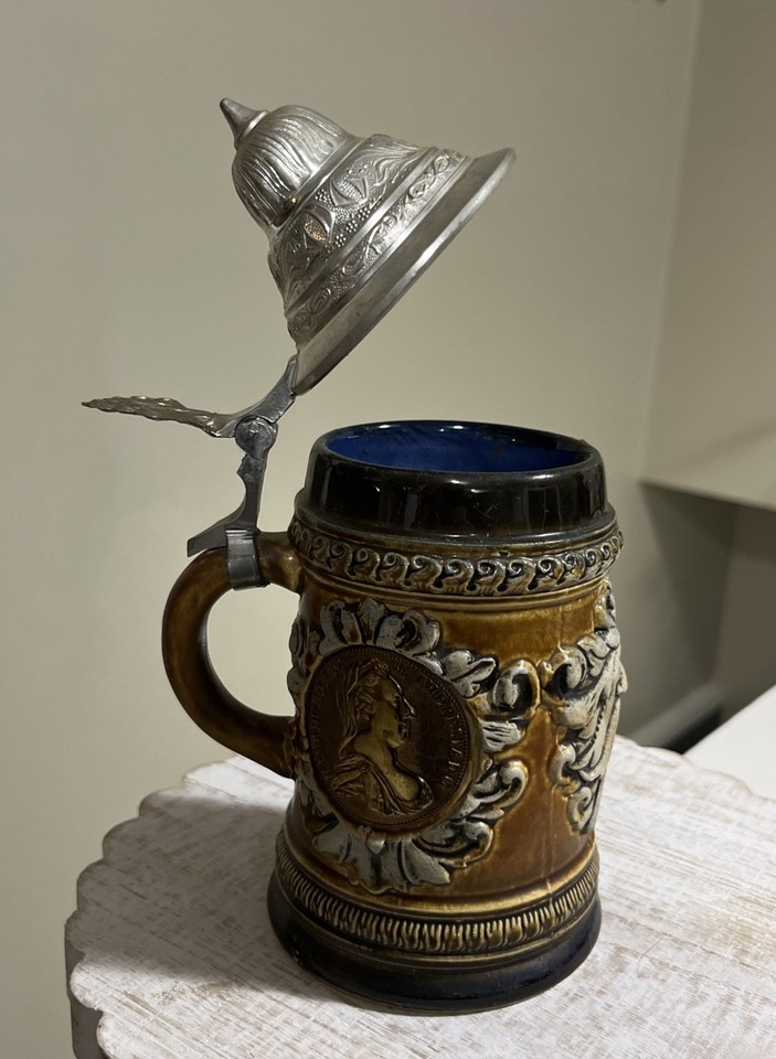 Rare 1970’s Vintage Stein West Germany Stoneware Pewter Lid Blue ...