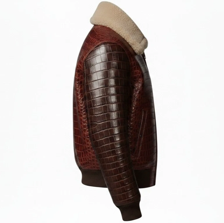 Men,s Real Crocodile Embossed Leather Jacket Shearling Collar Bomber Coat Brown. image 5