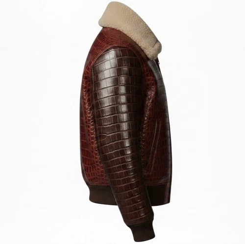 Men,s Real Crocodile Embossed Leather Jacket Shearling Collar Bomber Coat Brown. image 5