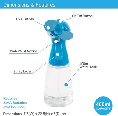 Benross Water Mist Spray Fan - Handheld Portable Cooling Fan With 400ml Tank, Battery Operated (Blue)-1107171