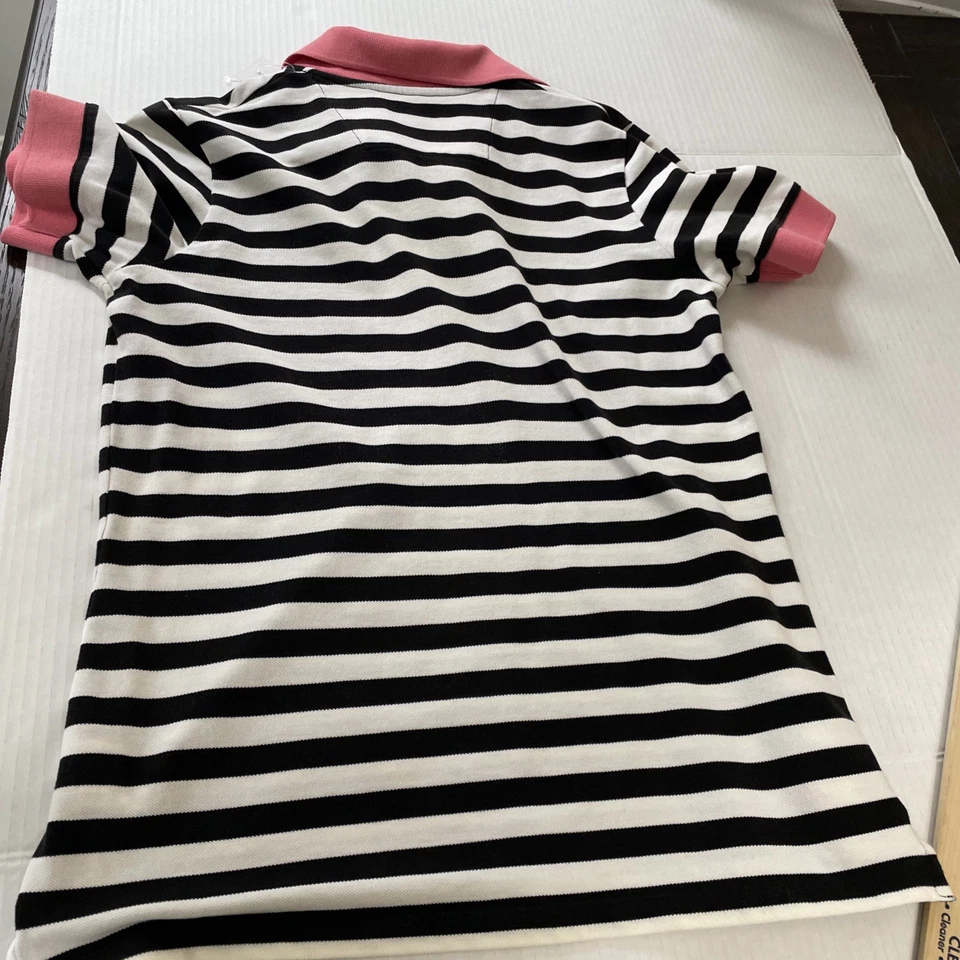 Ashworth EZ Tech Striped Black White Preppy Polo Golf Shirt W Pink Collar - Image 4 of 4