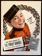 1940 PHILIP MORRIS Cigarettes Christmas Vintage Print Ad Holiday Bellboy