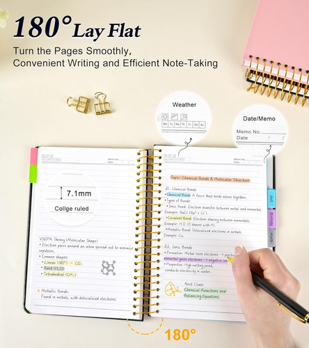 5 Subject Notebook College Ruled, Hardcover Spiral Notebook with Removable Pocke - Picture 5 of 12