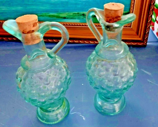 2 Vintage Aqua Green Glass Oil Vinegar Cruet, Grape Design Bottle w