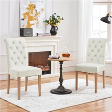 Design Upholstered Parsons Tufted Dining Chairs with Solid Wood Leg, 2pcs, Beige