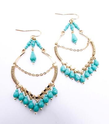 UNIQUE Artisanal Turquoise Crystals Gold Filled Wire Gypsy Chandelier Earrings