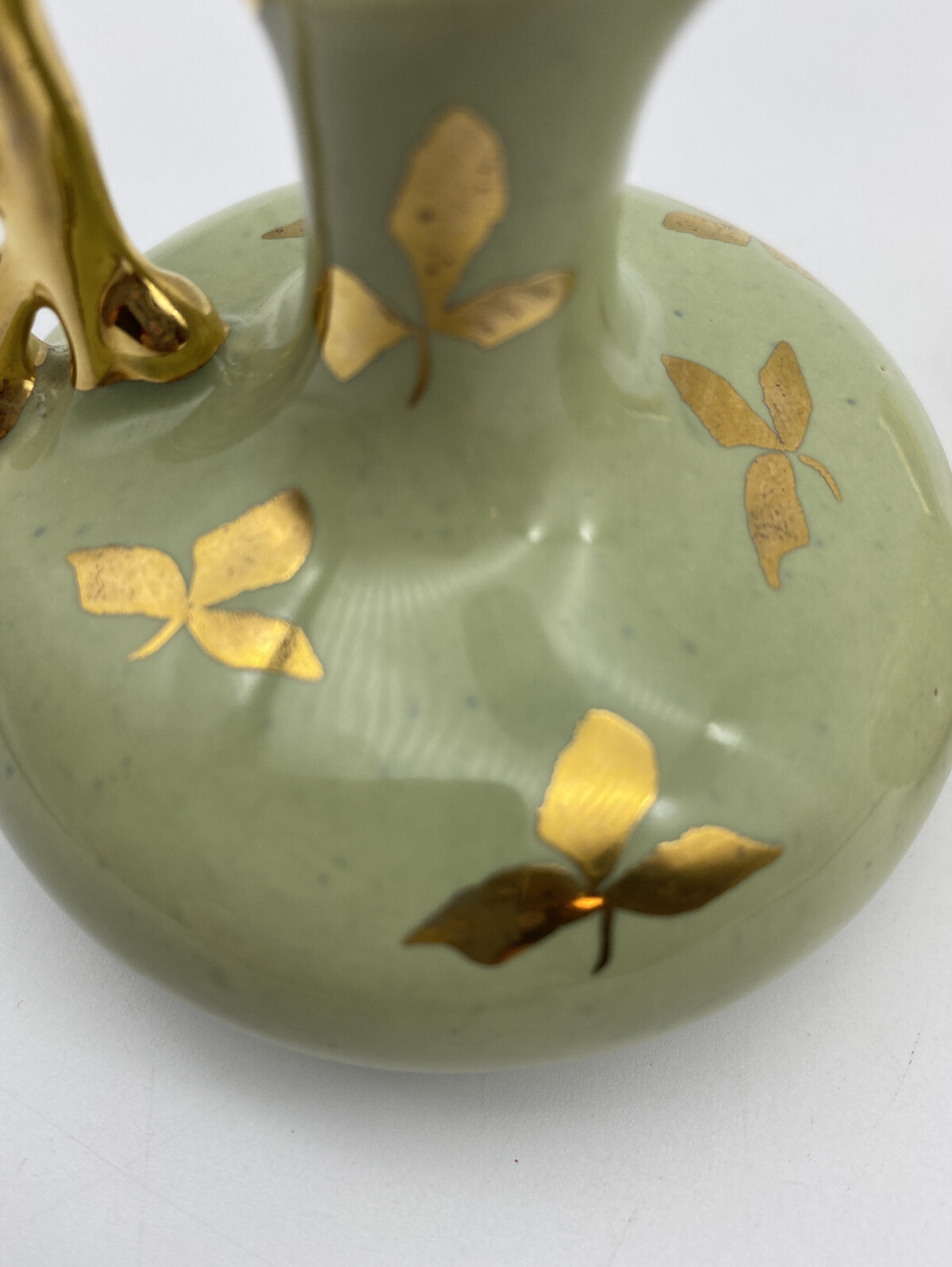 Vintage Handpainted LE PERE POTTERY Green Gold Trefoil Pitcher Jug Ewer