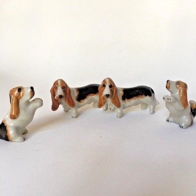 4 Cute Basset Hound Long Ears Porcelain Ceramic Figurine