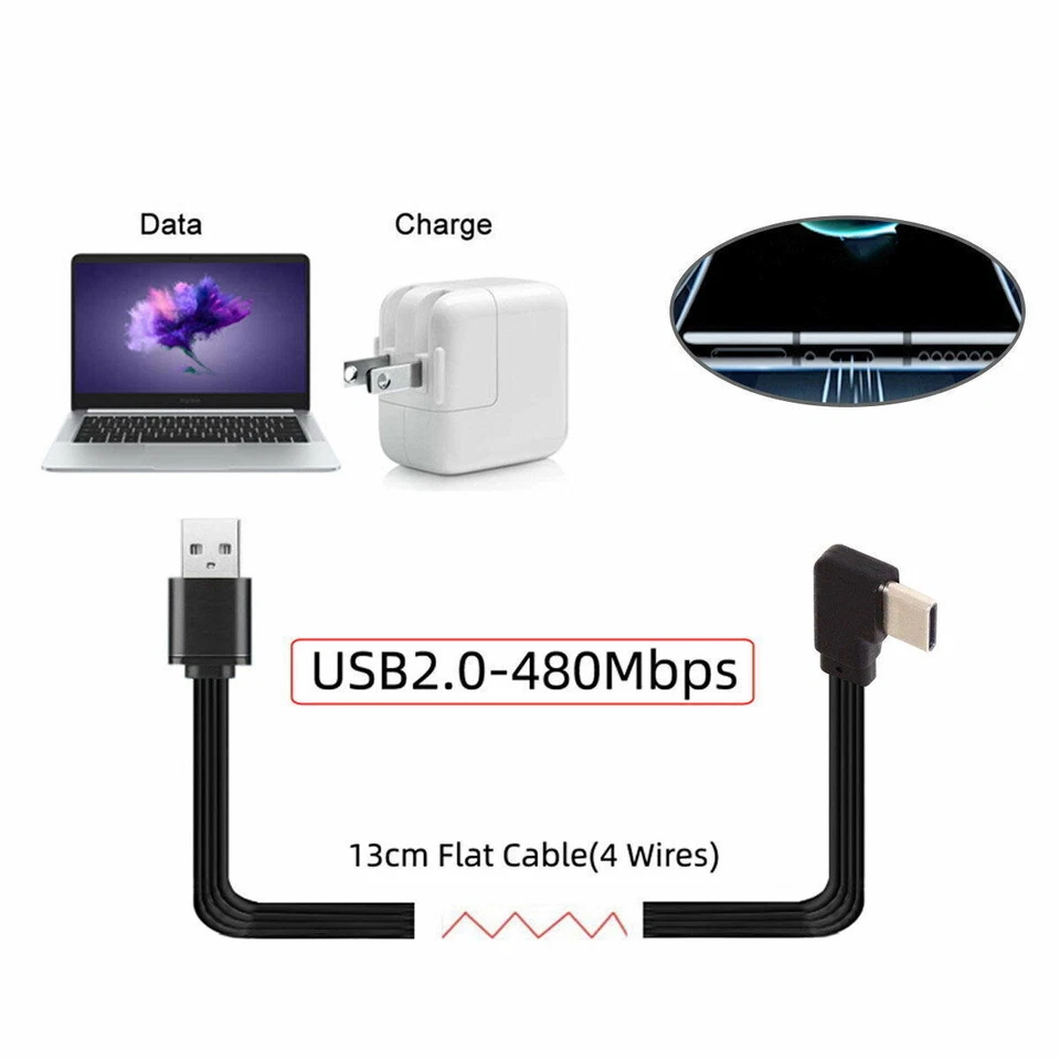 Jimier USB 2.0 Type-A to USB-C Type-C Flat Slim FPC 90 Degree Angled Data Cable - Image 3 of 4