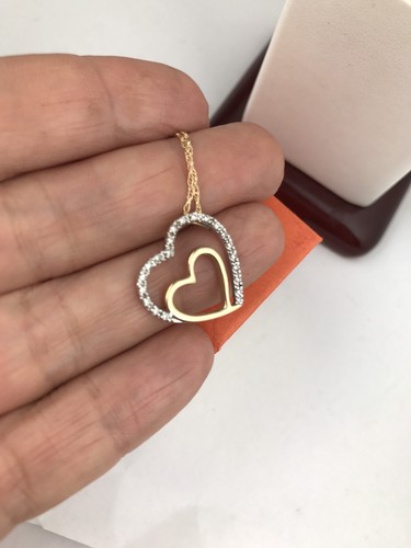 New 14 K Gold Diamonds Double Heart Necklace Pendant - Picture 5 of 9
