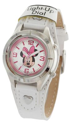 Disney Minnie Mouse Watch Easy to Read Silver Dial ''Lights Up'' on White Band New
