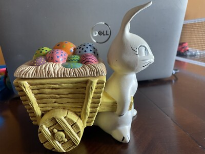 Vintage Ceramic Easter Bunny Rabbit Pulling Cart w/ Egg Lid Hand Painted 1977