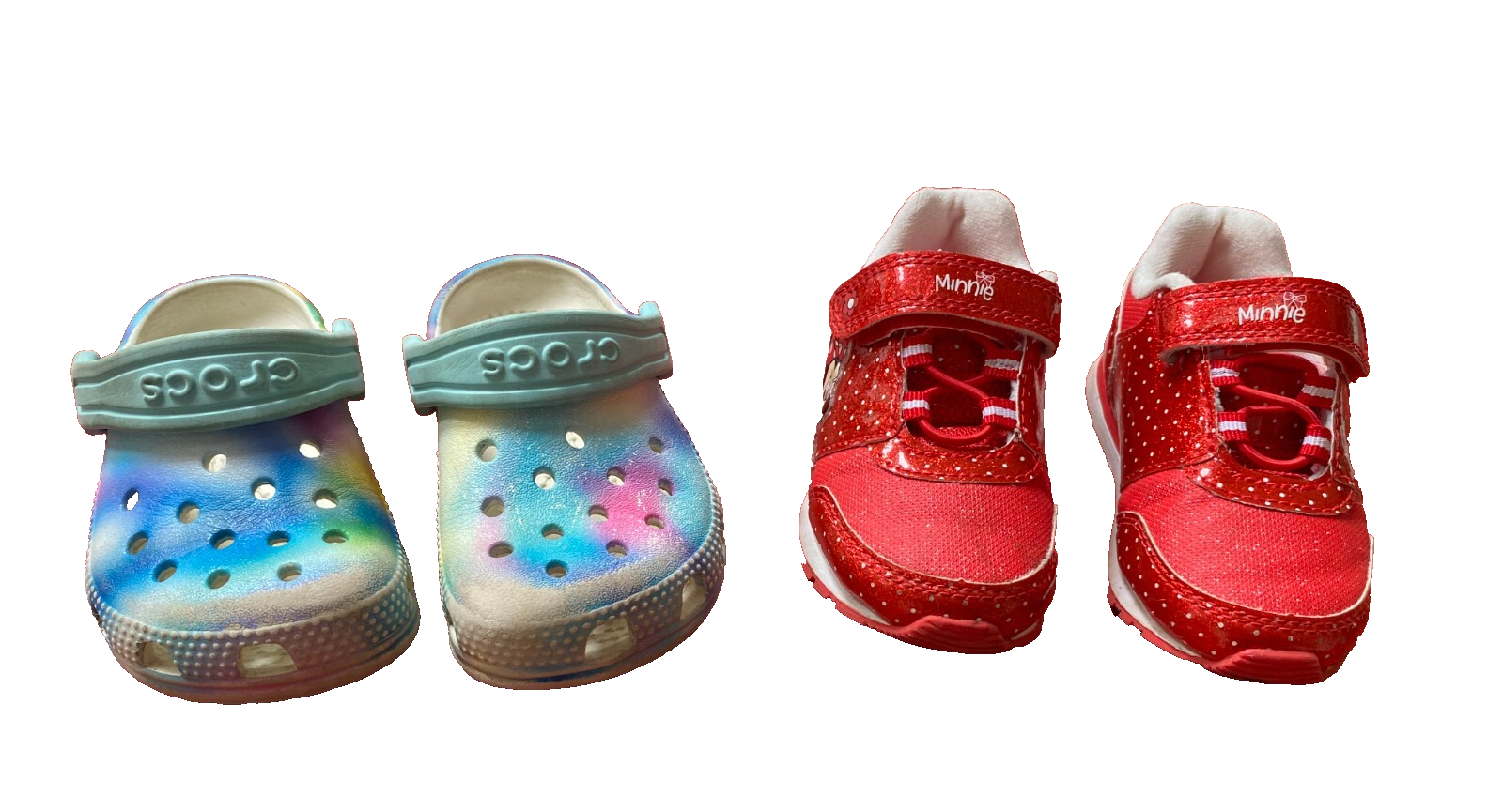 Lotto 2 paia scarpe bambina Disney Minnie rosse sneakers tie dye crocs taglia 7