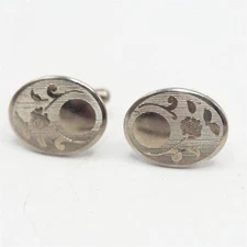Mens Silver Tone Oval Floral Pattern Cufflink Set Pair Men's Jewelry