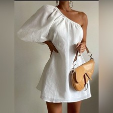 Commense Cotton Linen Blend One Shoulder White Mini Dress Party Cocktail Size S