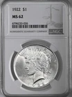 1922-P  $1 PEACE SILVER DOLLAR  "PHILADELPHIA MINT"  NGC MS62 #6796233-026