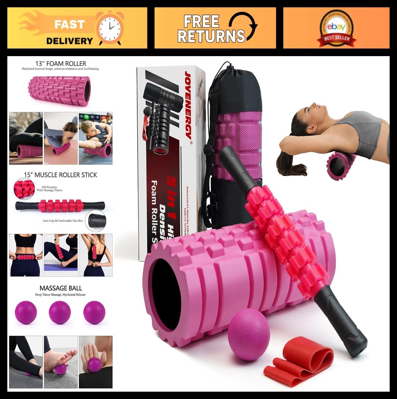 5-in-1 Foam Roller Set with Massage Stick, Ball & Resistance Band for Deep Tissu