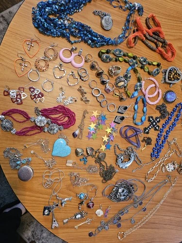 Vintage to Modern Costume Jewelry Lot 60 Pieces Necklaces Earrings Charm Ring