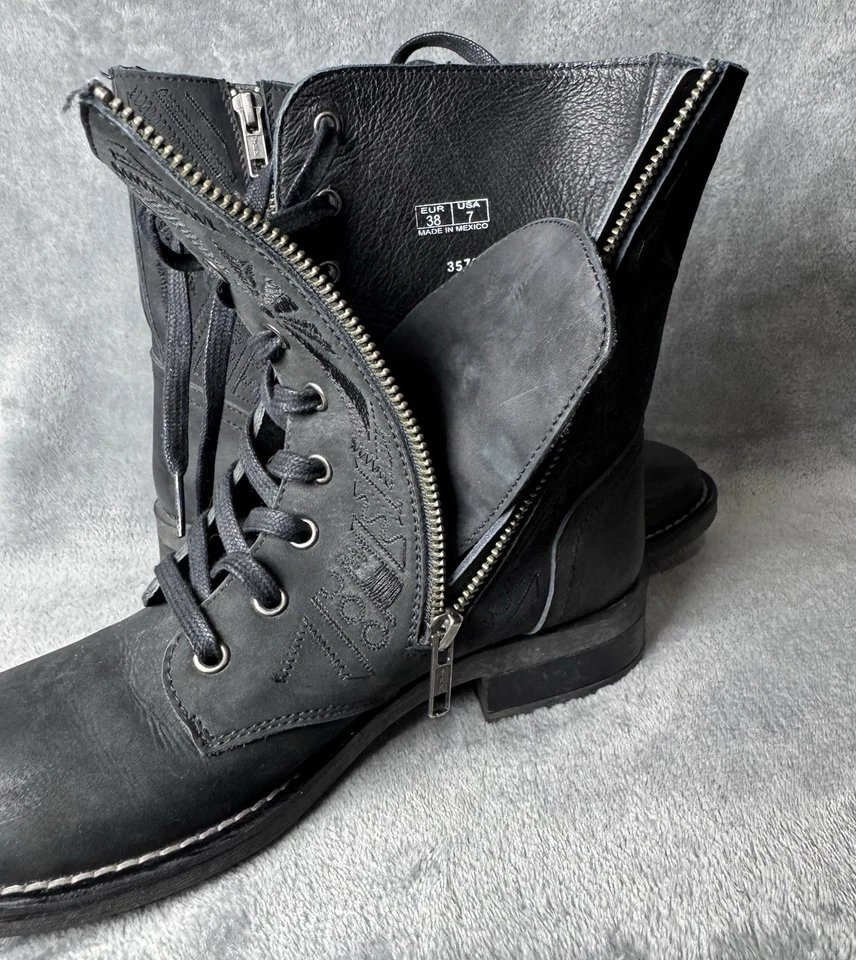 Black Leather Combat Boots Side Zip Embroidered Boho Moto Grunge 7 - Image 4 of 4