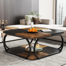 40" Farmhouse Square Coffee Table with Storage Shelf, Black Rustic Brown