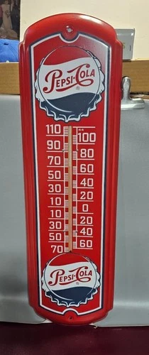 Large Vintage Pepsi Cola Thermometer Metal Tin Sign 27” X 8” Made In USA