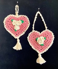 Pair of Crochet Pink Heart Ornaments Cottage Core Decorations hand made Rosettes