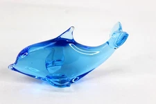 Blue Dolphin with Tail Up Glass Paperweight Just under 5 1/2 inches Long