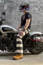BOB DONG Retro Prisoner Striped Motorcycle Pants Men Casual Biker Trousers Thick